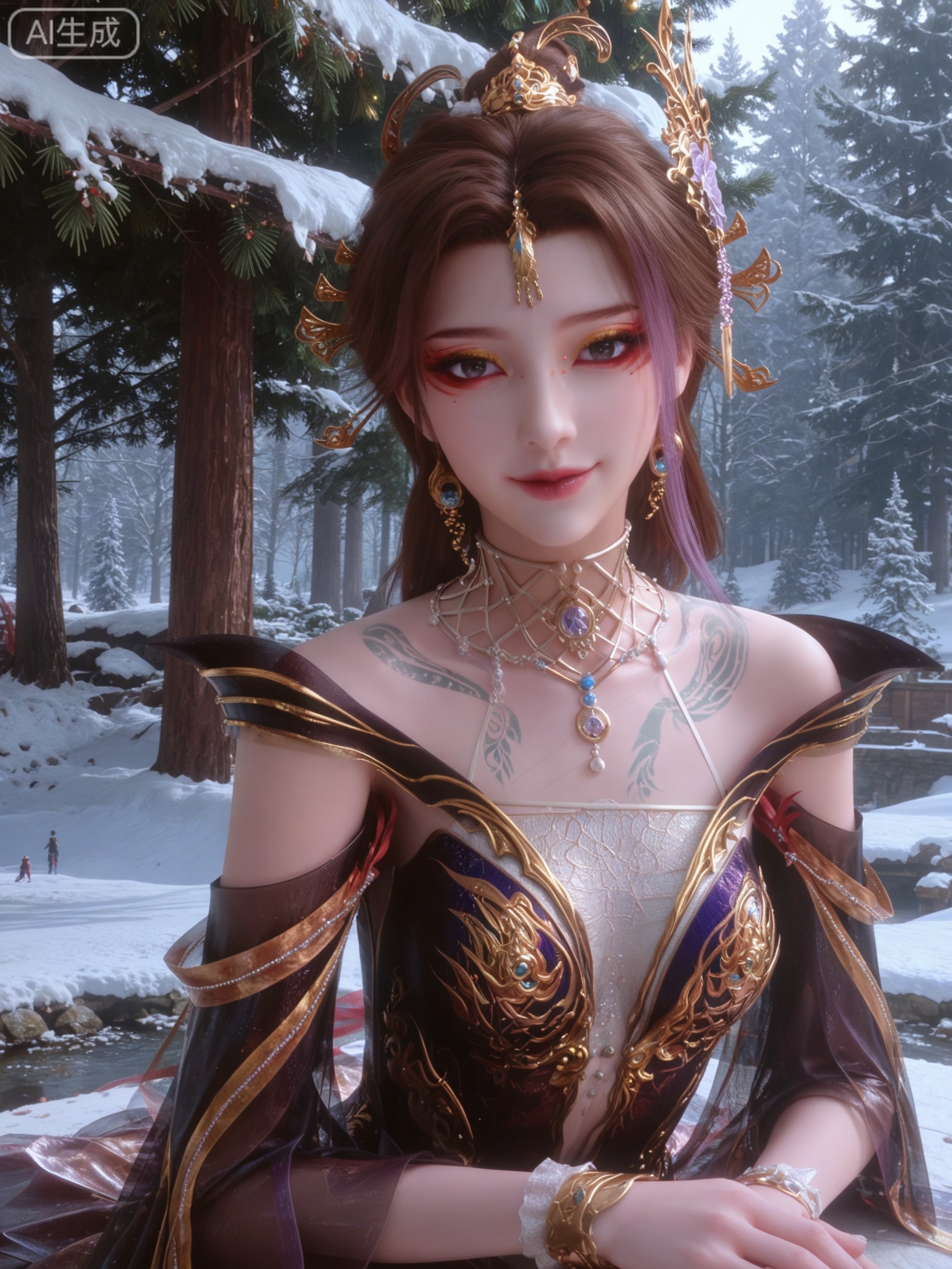 score_9,score_8_up,score_7_up,masterpiece,(best quality),(intricate details:0.9) BREAK (intricate details:0.9),(realistic skin:1.2),masterpiece,best quality,newest,absurdres,hiahres,1girl,jewelry,hair ornament,dress,necklace,lips,eyeshadow,bracelet,tassel,(8k ultra-clear, pony style),photo pose 0.6, micro-expression: soft smile 0.3, half-body + medium shot 0.7,1girl,looking_at_viewer,1boy,hair,realistic,photorealistic,Vivid Colors,bright environment,shiny skin,shiny hairjewelry,detail eyes,Eyes highlights,glowing,sunshine,bright,reflection,bright,sunshine on face,shiny,shinny,petite,thin,leg slimming,lose weight,slim hips,lakeside,delicate water,reflection,(full body:0.8)sitting_down,eyelashes,snow,Winter,Snowy landscape,Snow accumulation,Christmas tree,black-hair,