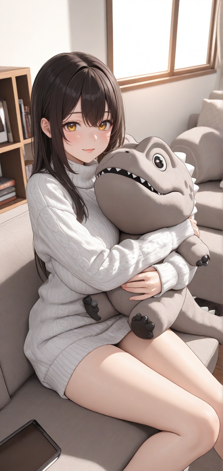 A cartoon,  3d heart warming illustration depicting a young girl hugging a gigantic,  cuddly knitted Tyrannosaurus rex in...