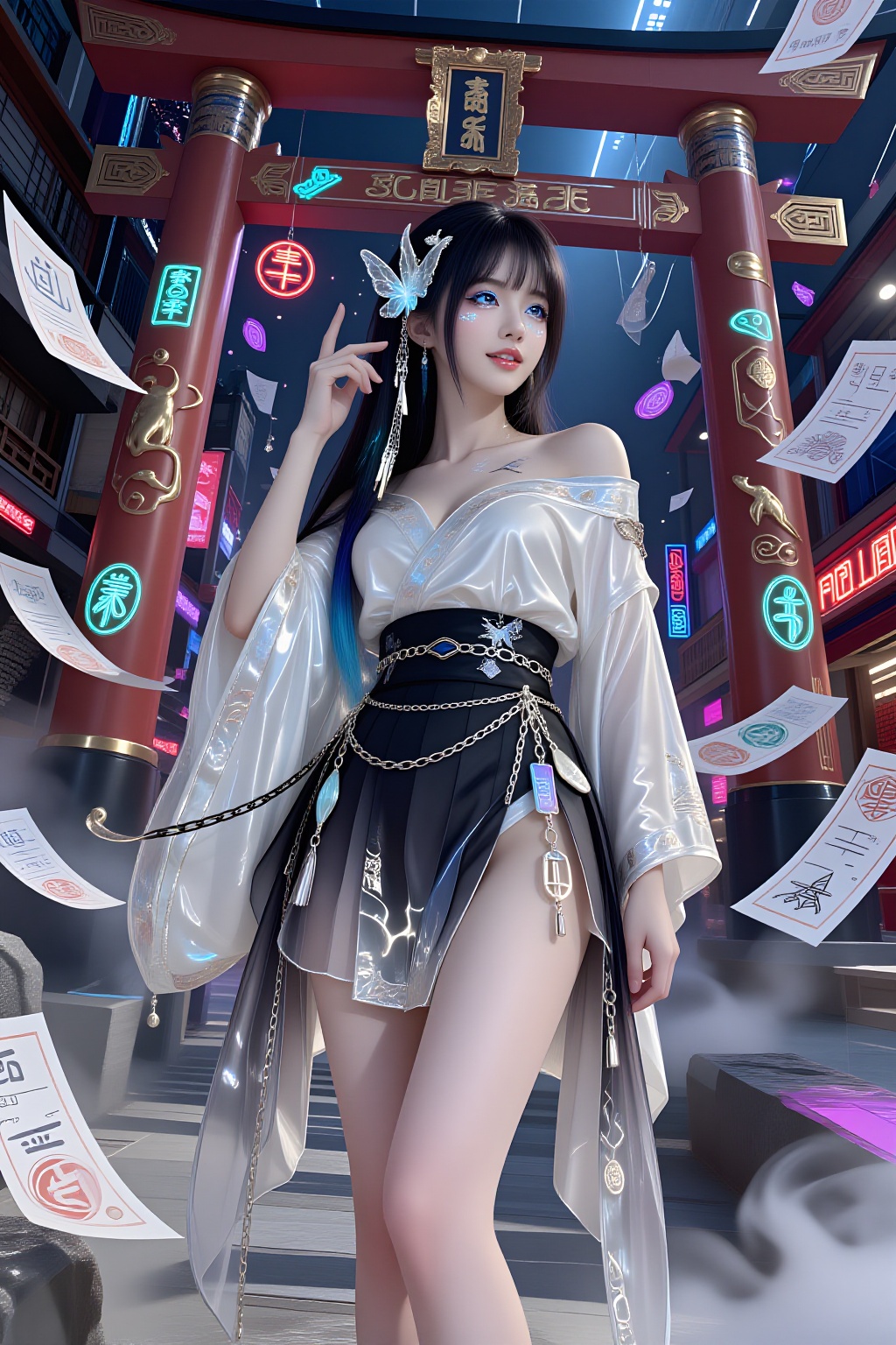 A tall Asian supermodel woman with straight jet-black hair and soft natural bangs stands beneath a futuristic cyberpunk sh...
