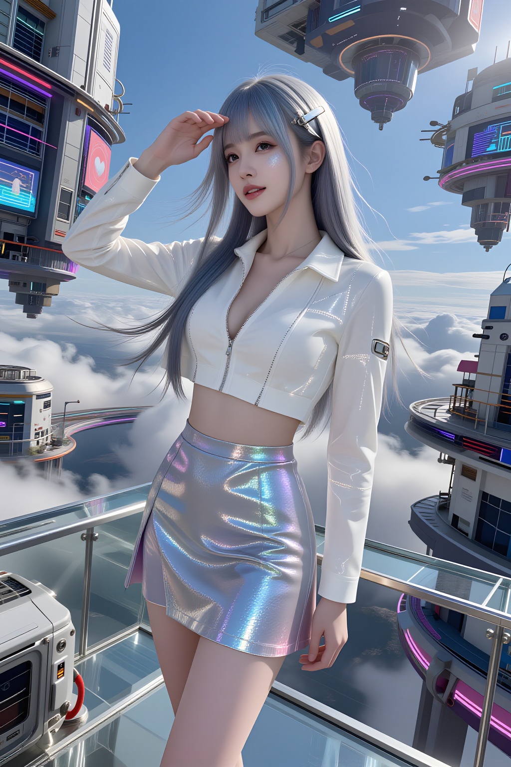 A tall Asian woman with sleek silver-blue gradient straight hair and clean soft bangs stands confidently on a transparent...