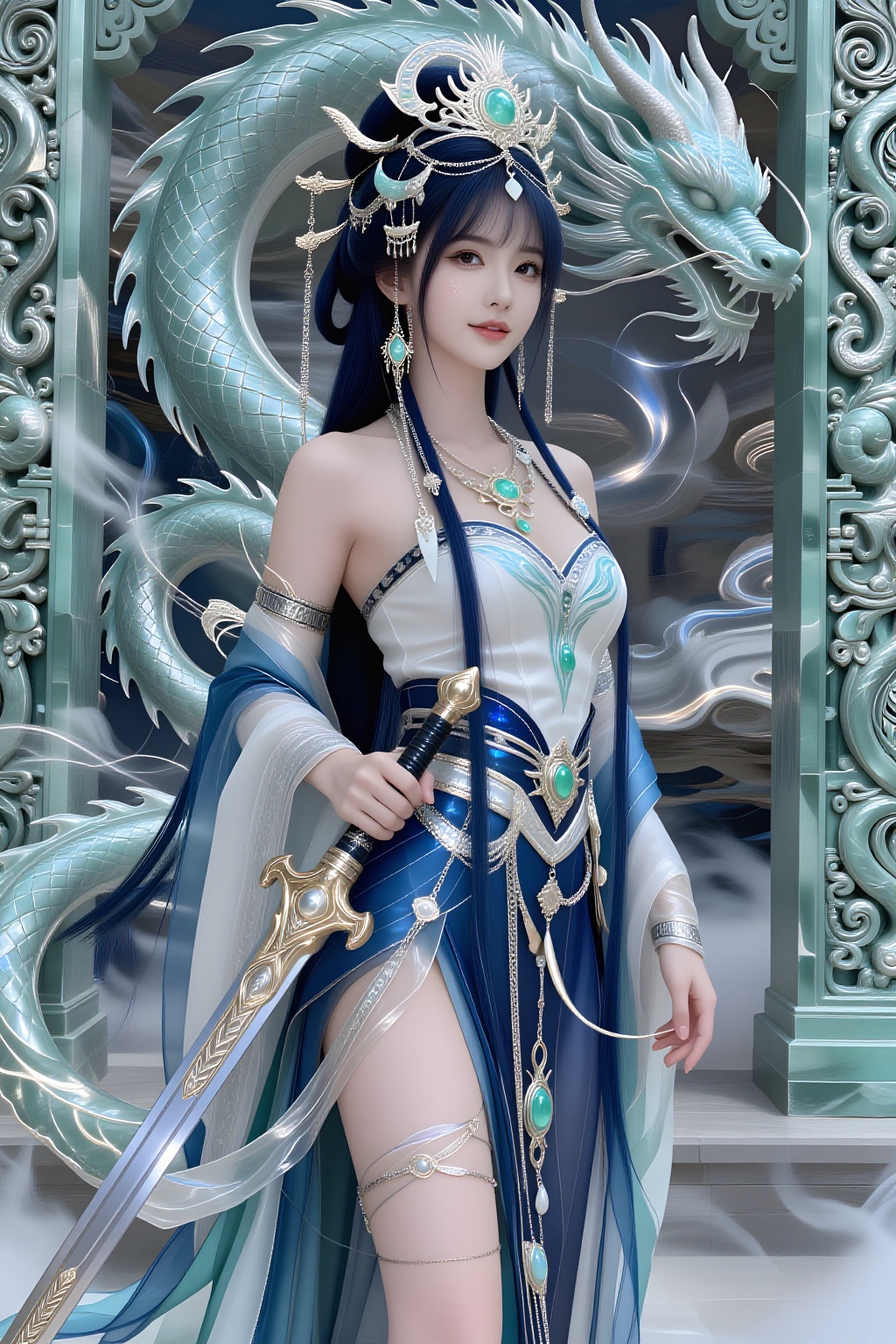 A beautiful Asian woman with long midnight-blue hair and soft straight bangs stands before a massive ancient jade gate gua...
