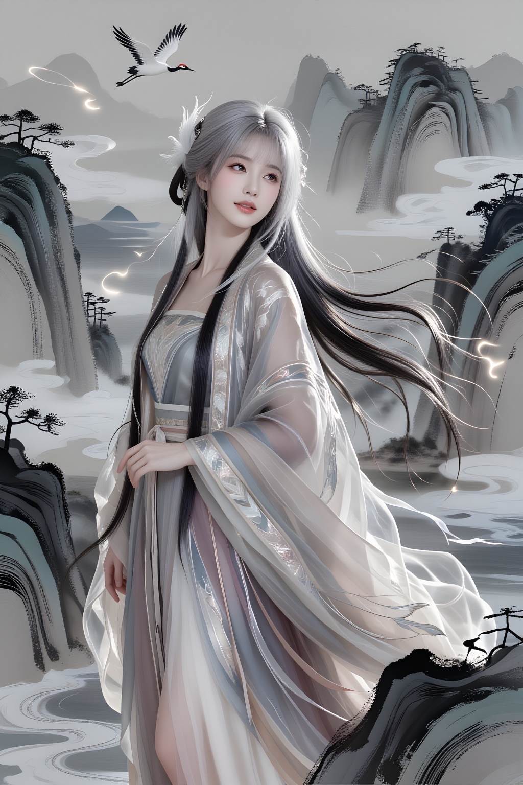 A beautiful Asian woman with long flowing silver-black gradient hair and soft feathered bangs stands within a living Chine...