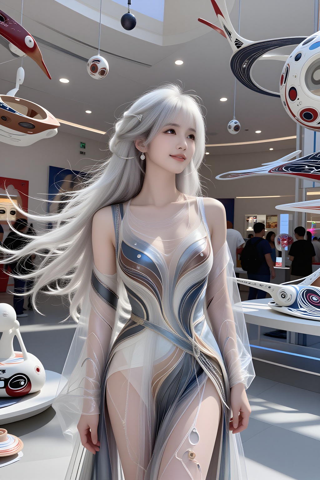 A tall Asian woman with long flowing white-silver hair and soft bangs stands inside a cosmic art museum. She wears a futur...