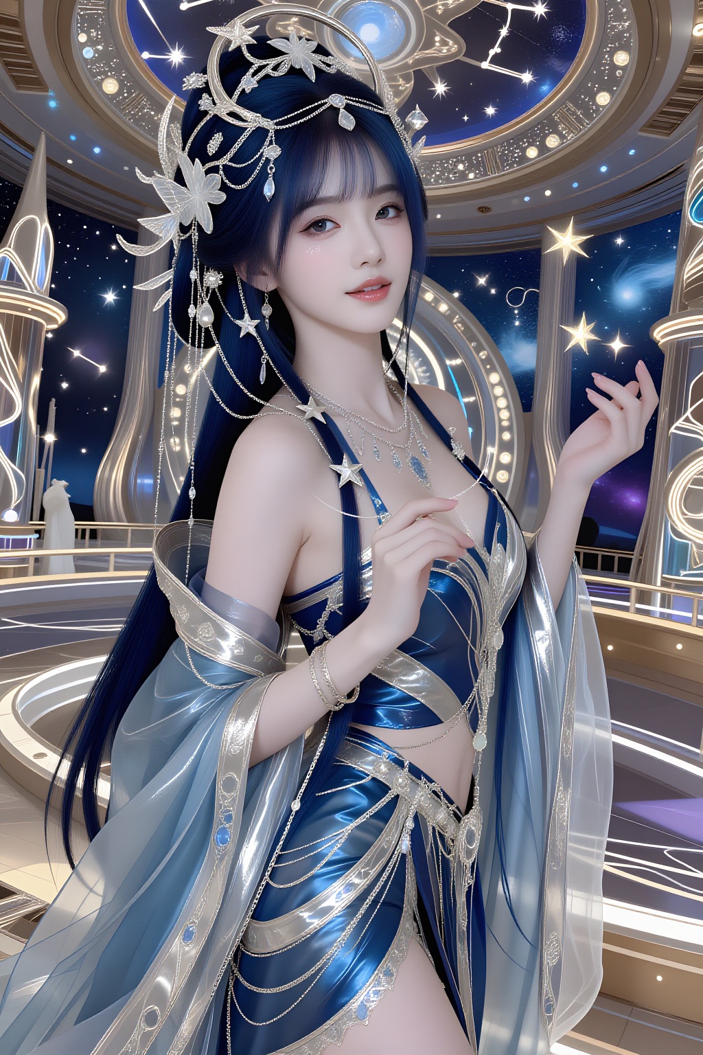 A beautiful Asian woman with long midnight-blue hair and soft straight bangs stands in a celestial palace among the stars....