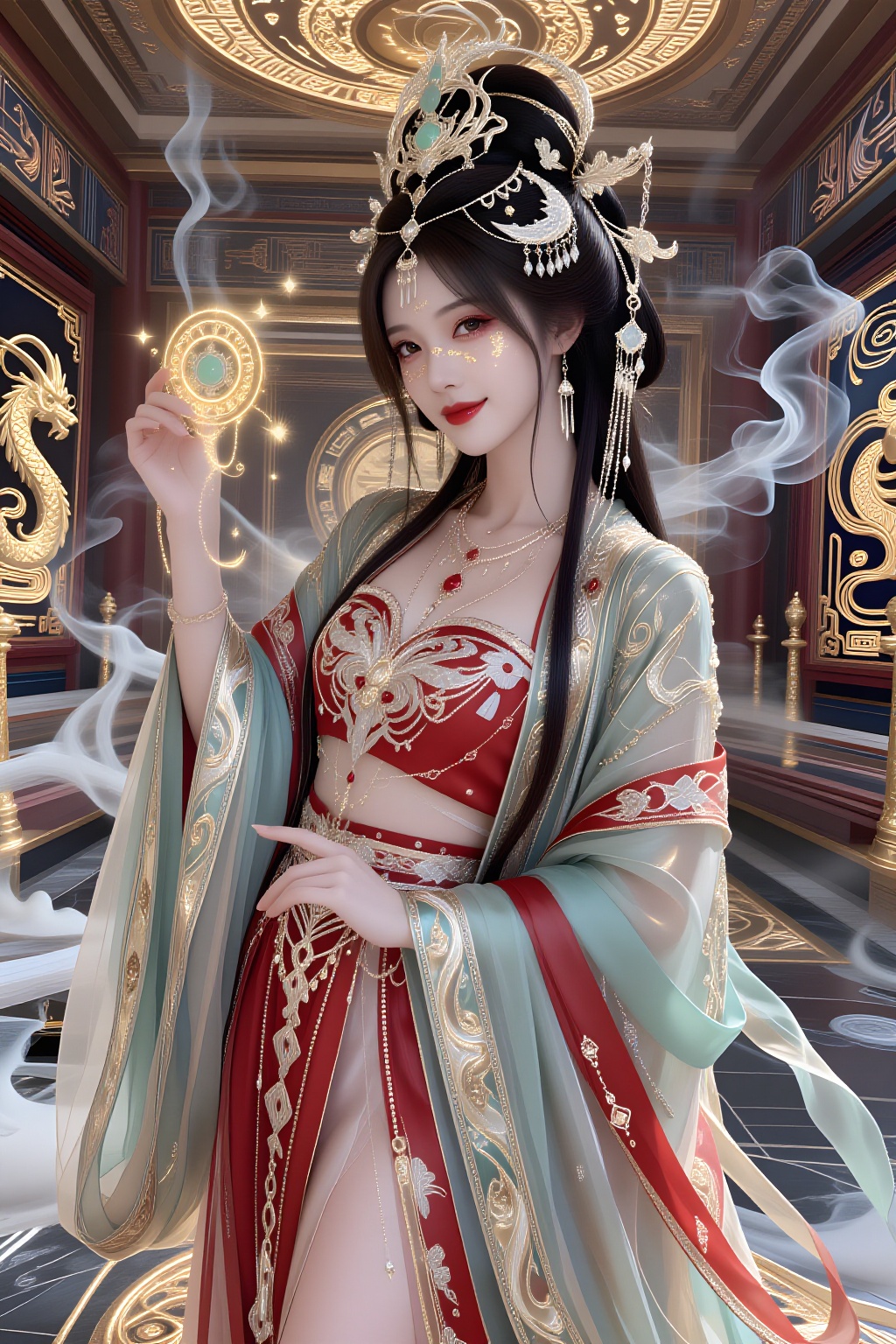 A beautiful Asian woman with long dark brown hair styled in soft waves and elegant thin bangs stands inside a luxurious Ta...