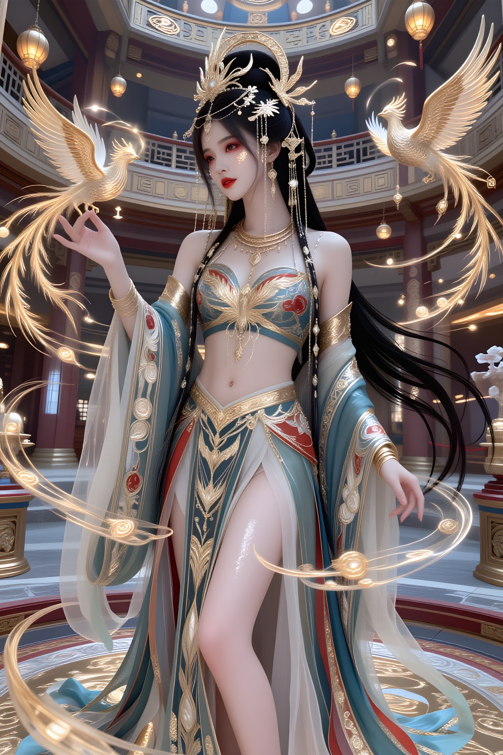 A tall Asian woman with long flowing black hair and elegant soft bangs stands inside a grand ancient Chinese palace hall....