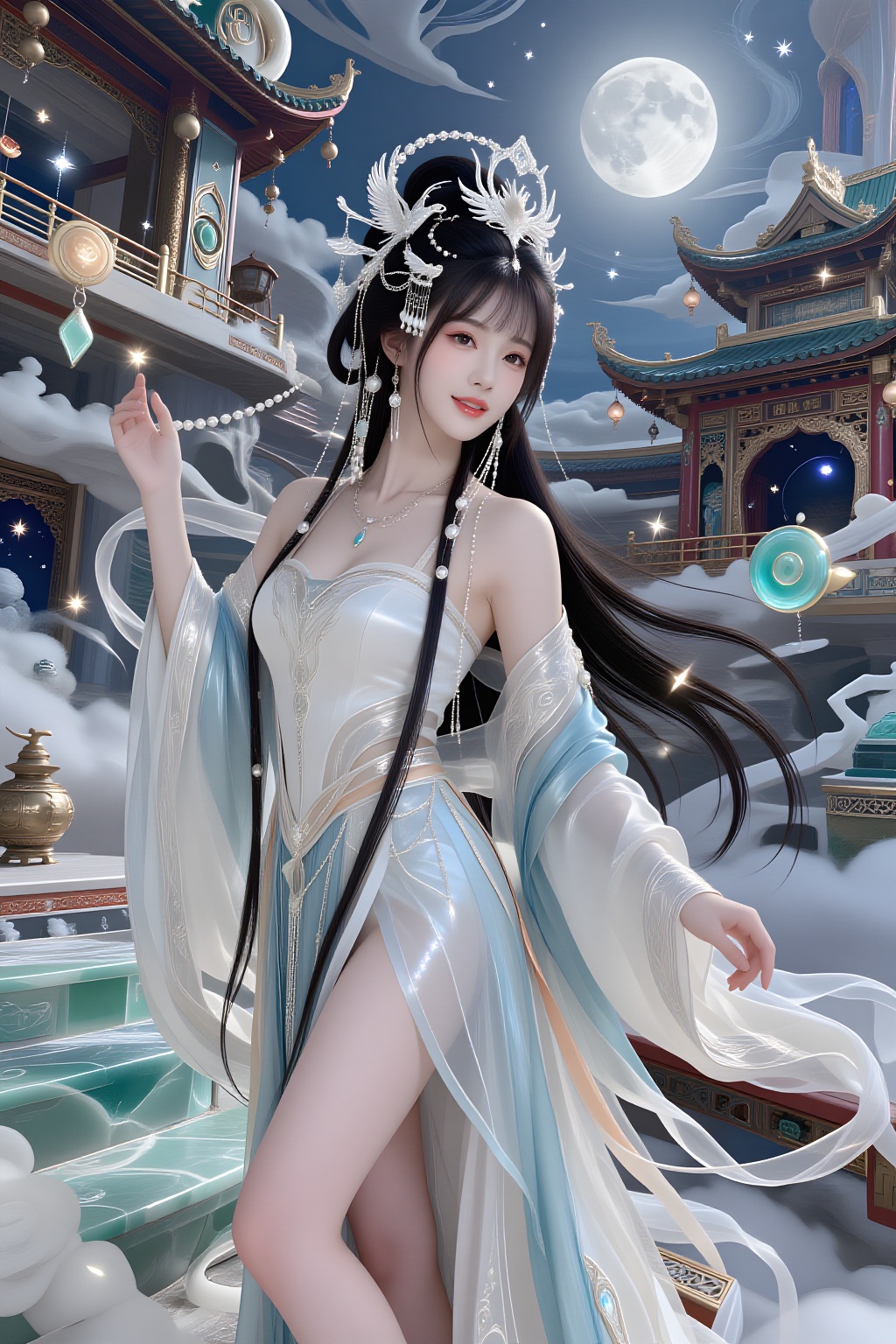 A beautiful Asian woman with long flowing ink-black hair and soft straight bangs stands on the jade steps of an ancient ce...