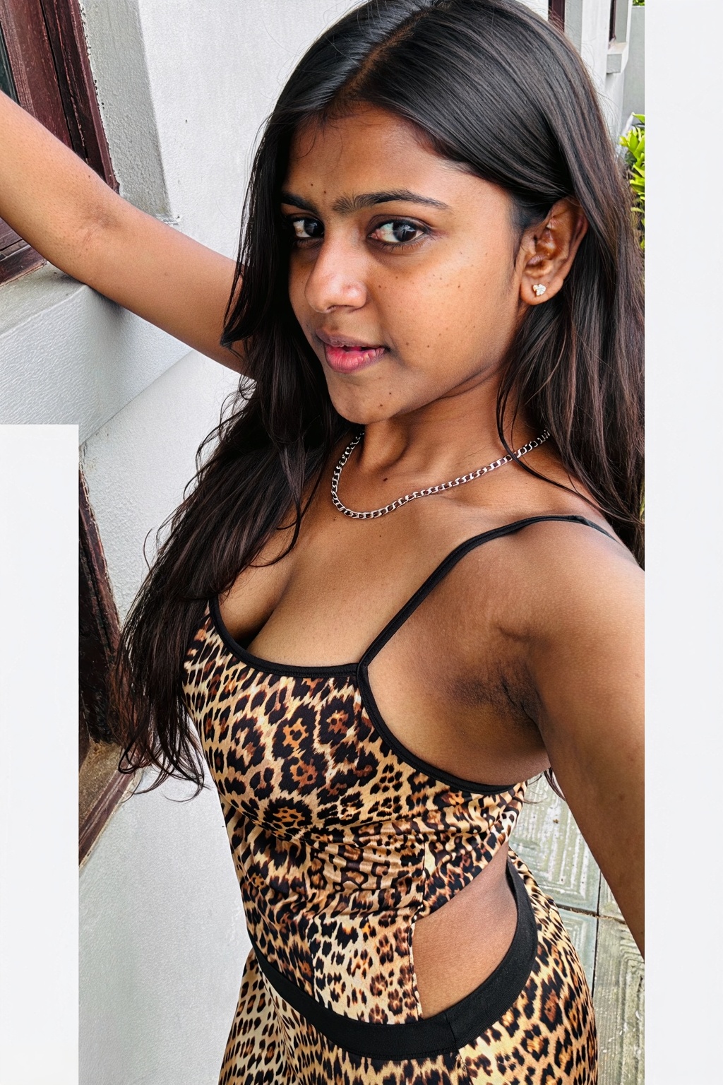 Create a selfie of a 24 year dusky Indian girl,  skin texture,  medium sized breasts on Tensor.Art