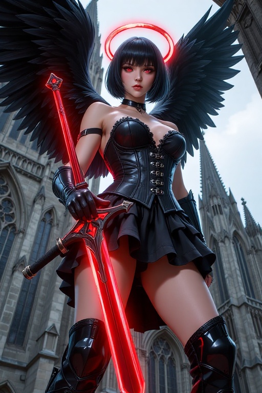 A dark-winged fallen angel stands with a commanding presence,  her short,  jet-black hair styled in a sleek bob with sharp...