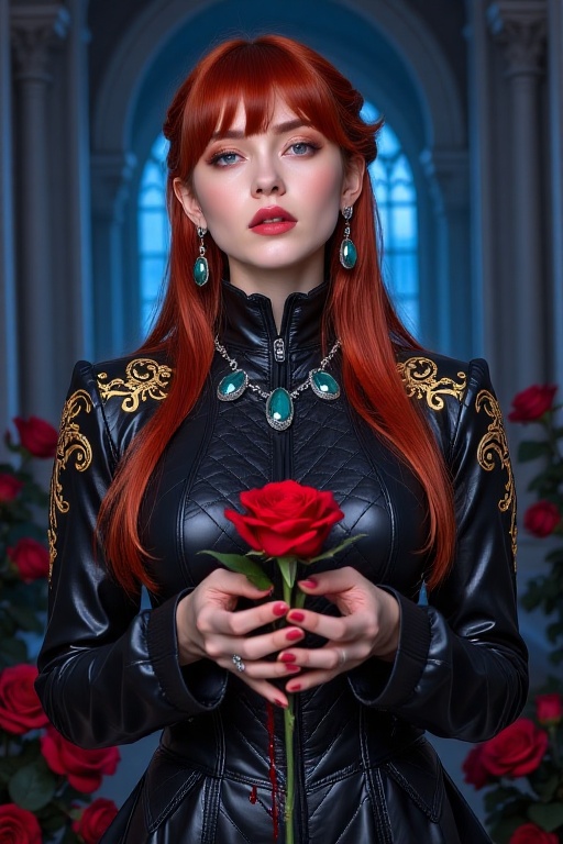 A young woman with long,  vibrant crimson hair features choppy bangs and side-swept layers,  with a small braid framing th...