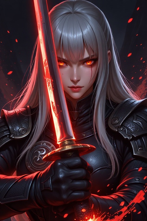 A female warrior with long,  straight silver hair and sharp bangs stares intensely through glowing amber eyes,  her face m...
