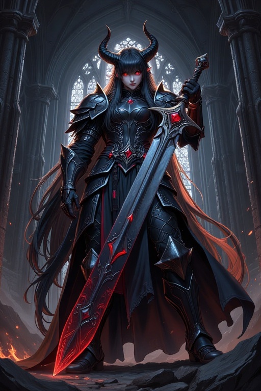 A formidable demonic knight stands tall with a commanding presence,  her long,  voluminous ink-black hair cascading down h...