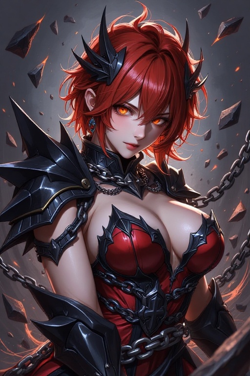 A striking character with vibrant,  messy crimson hair adorned with sharp,  metallic black crown-like spikes and obsidian...