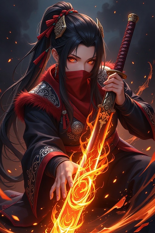 cinematic,  anime-style digital illustration features a high-ranking warrior woman with long,  jet-black hair styled in a...