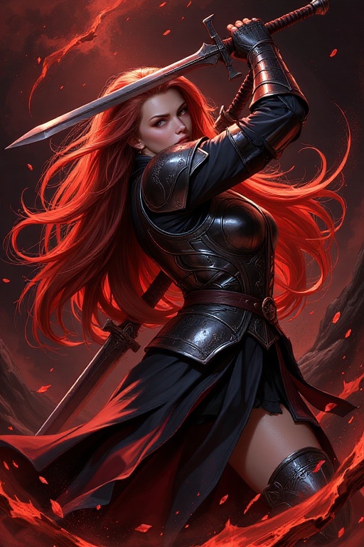 A warrior woman with flowing,  voluminous crimson red hair that swirls upward like living flames dominates the frame,  her...
