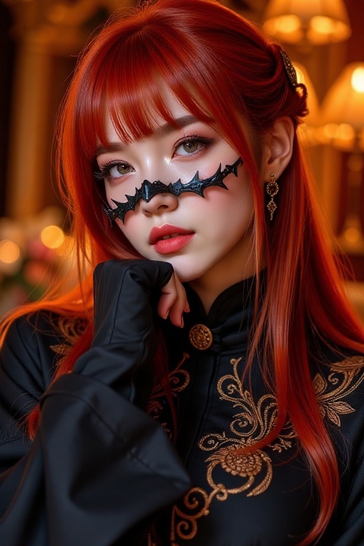 A woman with long,  vibrant crimson hair featuring straight-cut bangs and layered strands that fall over her shoulders gaz...