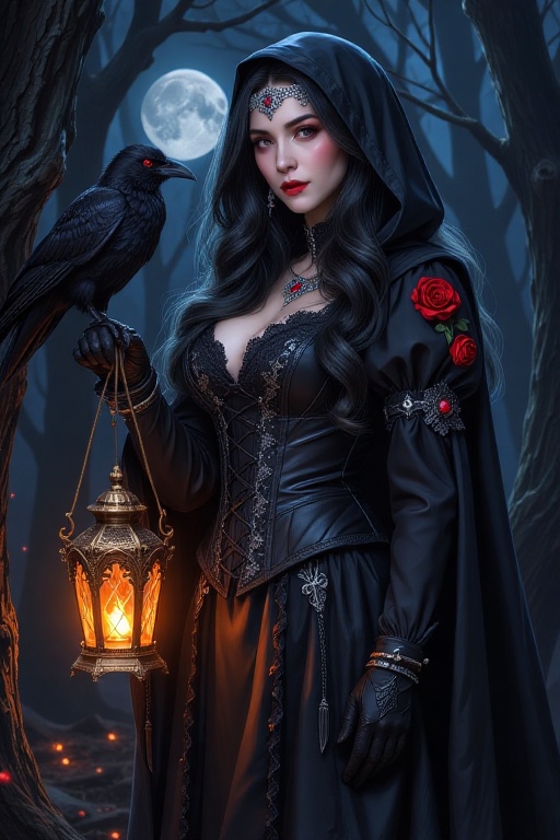 A woman with long,  voluminous,  wavy black hair and a matching hooded dark cloak stands in a mysterious forest. She is dr...