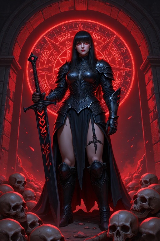 A dark,  imposing female knight stands with a commanding presence,  her long on Tensor.Art
