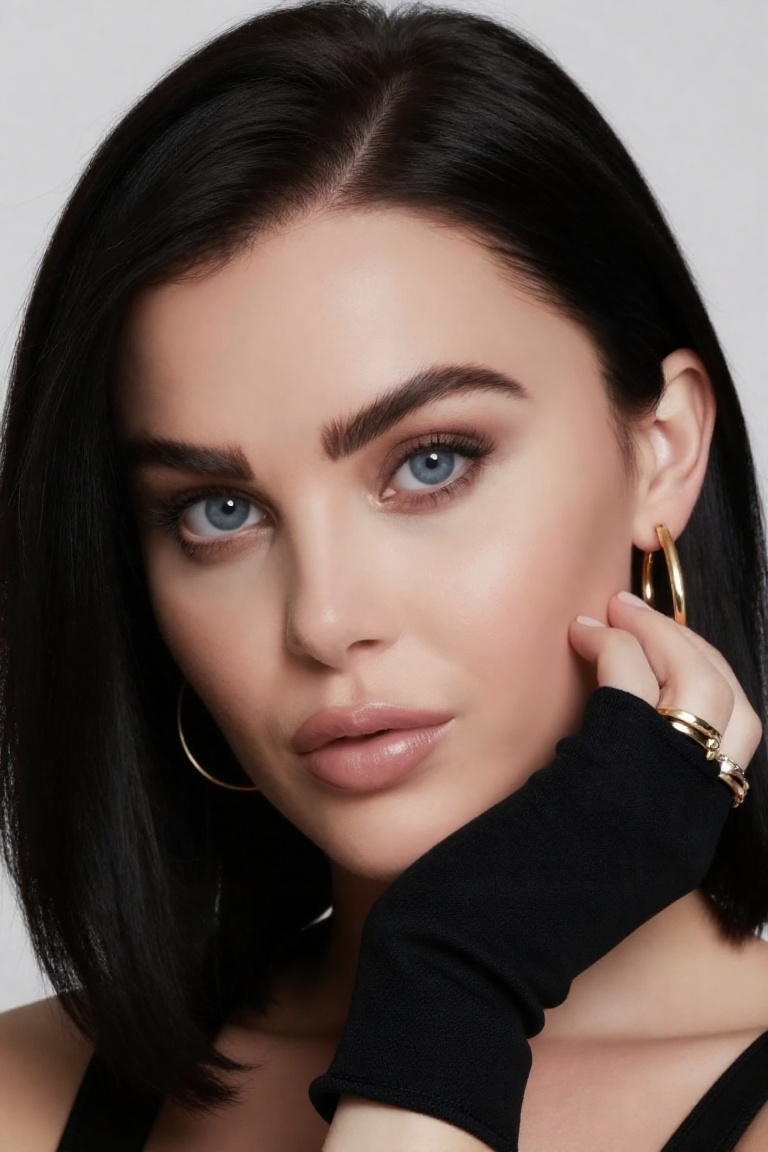 A professional high quality closeup photography of the gorgeous wo_emglove02 woman. She has black hair styled in a side pa...
