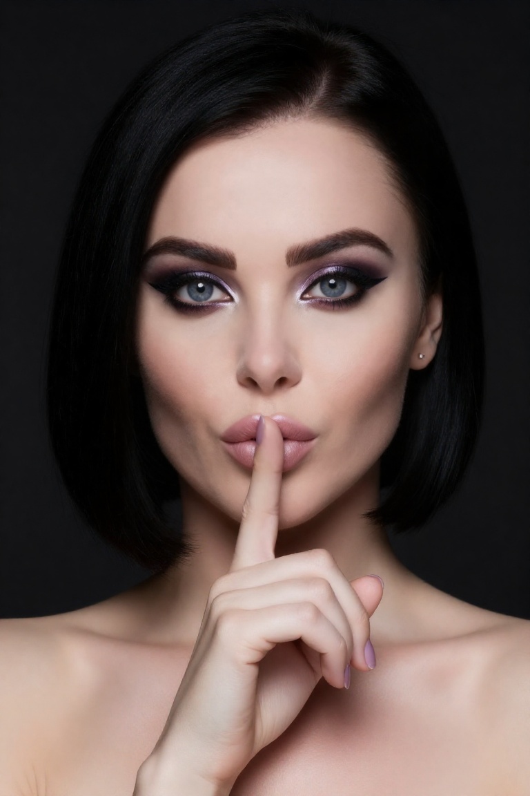 A high quality professional photograph of wo_emglove02 with black eyeliner and purple metallic eyeshadow makeup. She is pu...