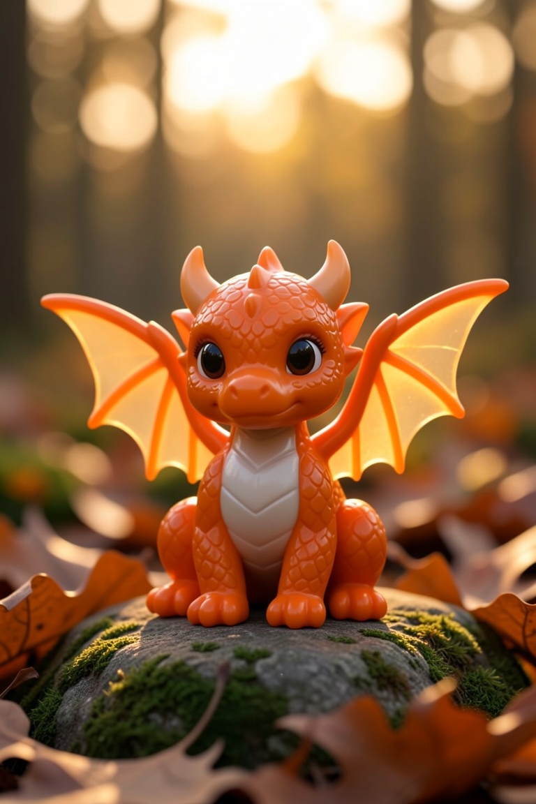 The image shows a small,  adorable dragon figurine sitting on a rock. The dragon has large,  expressive eyes and is covere...