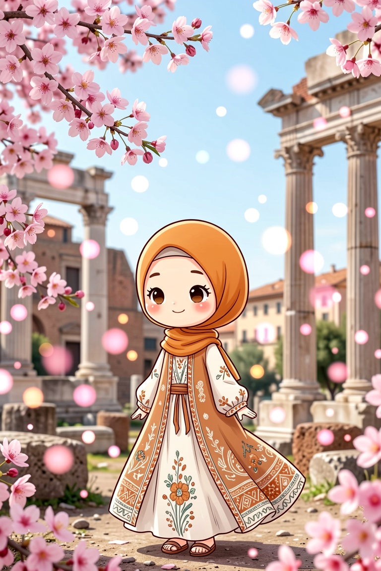 Imagine a delightful chibi girl in a sunny ochre hijab and a flowing bohemian-style dress,  amidst a bokeh-filled scene of...