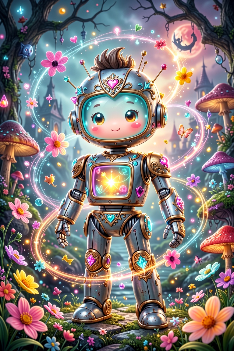 professional photography of an fantastical cute robot boy with whimsical elements,  flowers and swirling magic,  eerie fai...