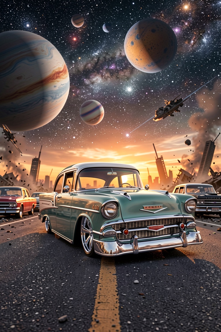 It generates a low angle close-up high a 1955 Chevy two door Bel-Air lowrider custom car,  quality cinematic image,  extre...