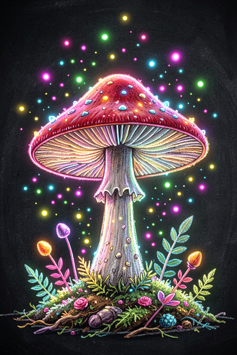 a glowing magical mushroom in the style of chalkdust,  8k,  releasing neon glowing spores on Tensor.Art