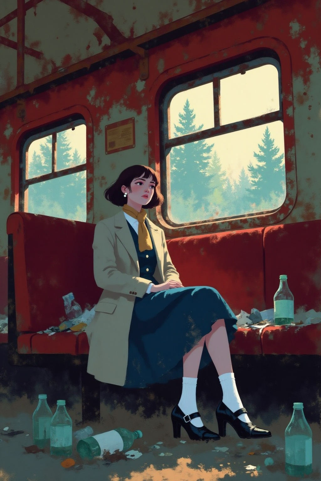 minimalist8k illustration. Young woman with chin-length dark brown hair and pearl earrings sits inside a run-down train ca...