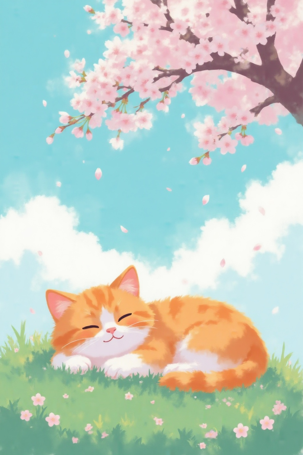 minimalist8k illustration. A cute,  fluffy orange and white kitten is depicted sleeping peacefully,  curled up on its side...