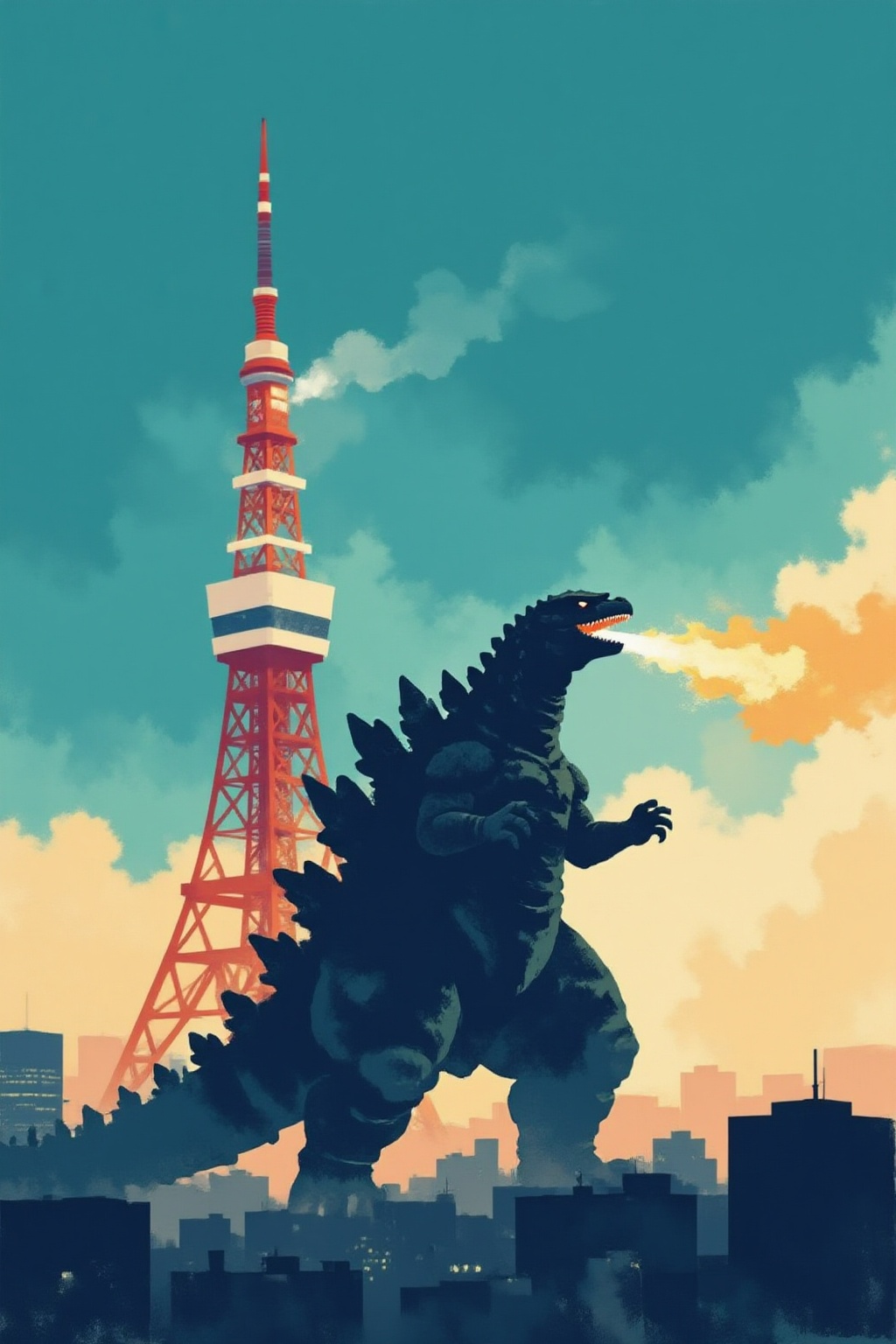 minimalist8k illustration. Godzilla standing beside Tokyo tower,  breathing fire on Tensor.Art