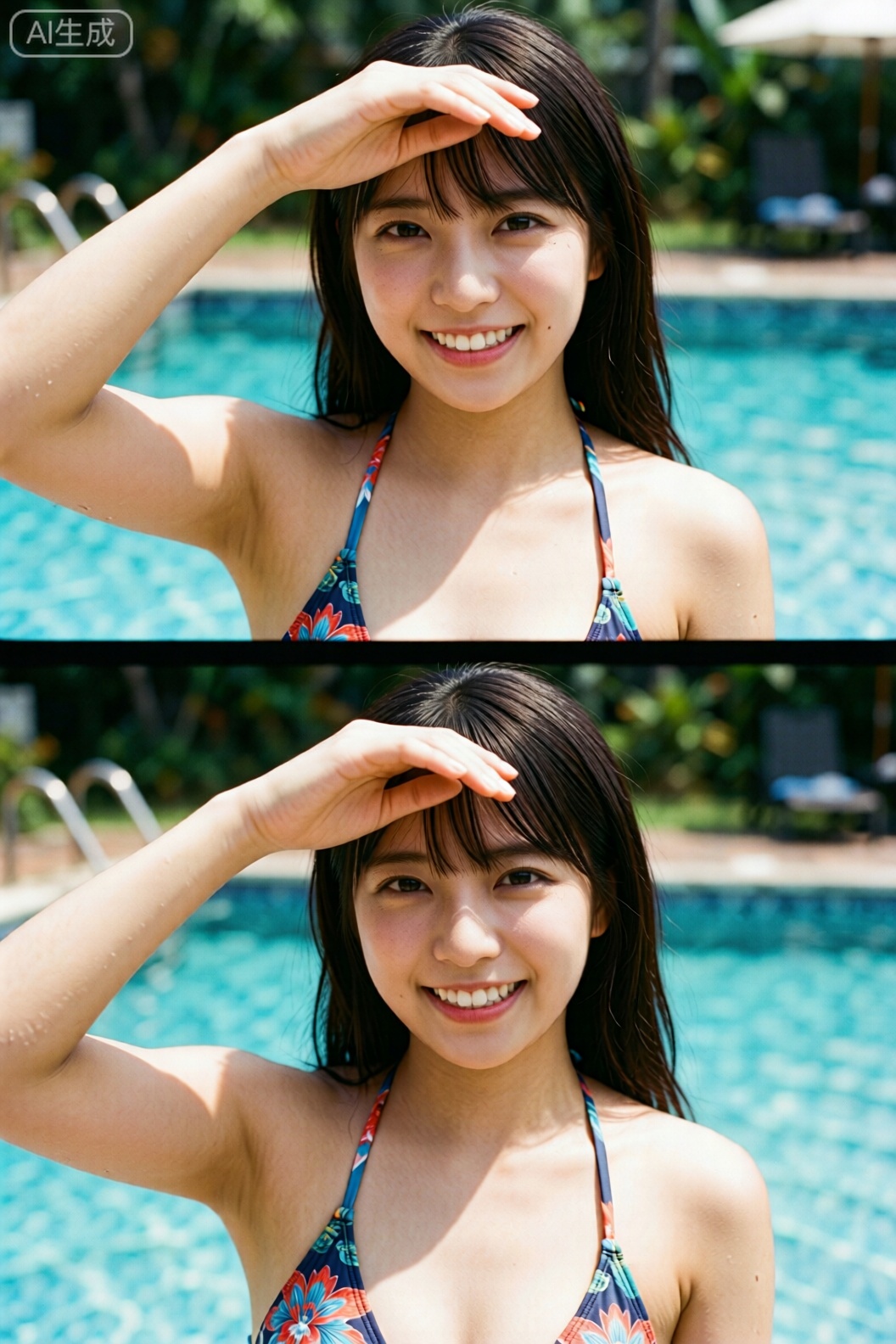 同样是泳池边的场景,但构图更近一些。她穿着和上一张同款的比基尼,一只手举在额前像是在遮挡阳光,另一只手自然下垂。她的笑容非常甜美,露出了洁白的牙齿,眼神明亮,给人一种阳光、活力的感觉。背景依然是泳池和绿植,光线充足。
