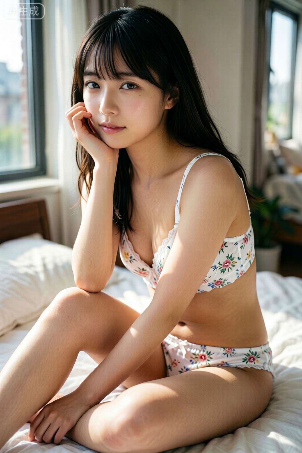 场景转换到了室内,看起来像是在卧室的窗边。她换上了一套白色的碎花内衣,坐在床上,身体侧对着镜头,一只手托着脸颊,另一只手放在腿上。光线从窗户照进来,打在她的身上,显得皮肤很白皙。她的表情温柔恬静,眼神略带迷离,营造出一种慵懒、舒适的居家氛围。