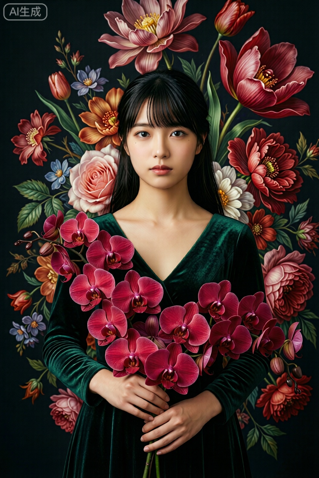 The image depicts a person standing in front of a richly detailed floral background. The individual is dressed in a dark green velvet dress with a V-neckline. They are holding a bouquet of deep red orchids, which are prominently displayed in the foreground. The flowers are large and vibrant, creating a striking contrast against the dark background. The floral arrangement behind the person is composed of various types of flowers, including roses, tulips, and other blooms, all rendered in a highly detailed and realistic style. The overall composition of the image is elegant and artistic, with a focus on the rich textures and colors of both the person's attire and the floral background.