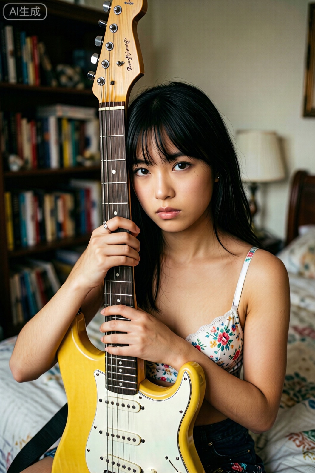 这张照片里她手里多了一把黄色的电吉他。她穿着白色碎花内衣,抱着吉他,手指放在琴弦上,像是在弹奏或者摆姿势。背景依然是卧室,可以看到书架和台灯。她的表情专注,眼神看着镜头,增添了一丝文艺和酷酷的气质。
