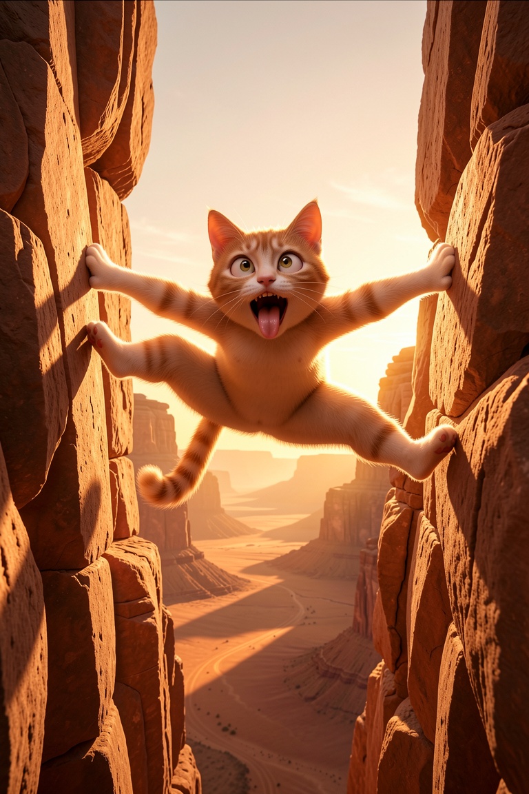 A dramatic,  cinematic scene of a cute cat suspended mid-air between two towering rock cliffs,  stretched in an exaggerate...