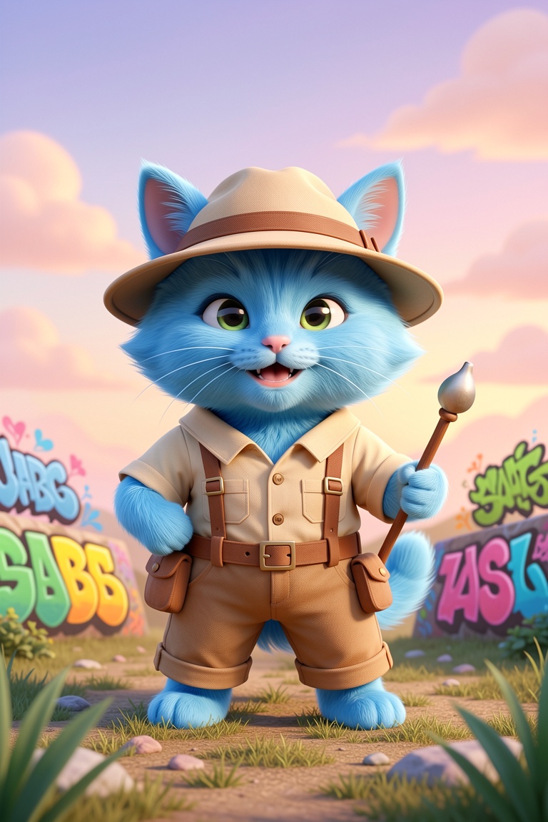 (Cute blue fury cat),  (playing explorers),  (wearing explorers costume) on Tensor.Art