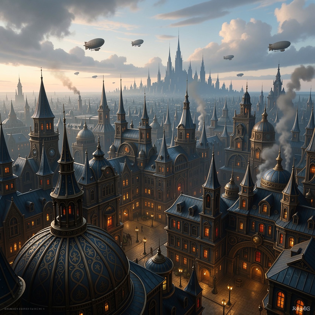 depicting a sprawling,  fantastical cityscape with a steampunk aesthetic. The layout is a wide panoramic view showcasing a...