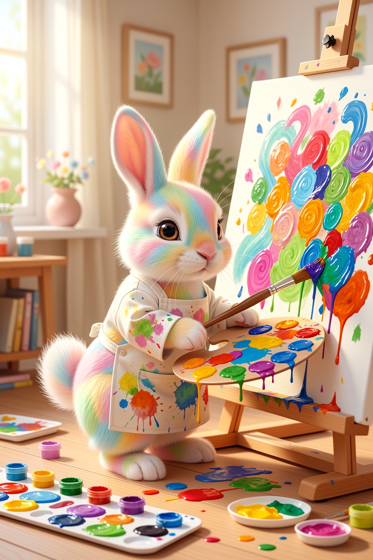 At the center of a charming studio stands a petite,  wide-eyed bunny,  its fur a patchwork of gentle pastels on Tensor.Art