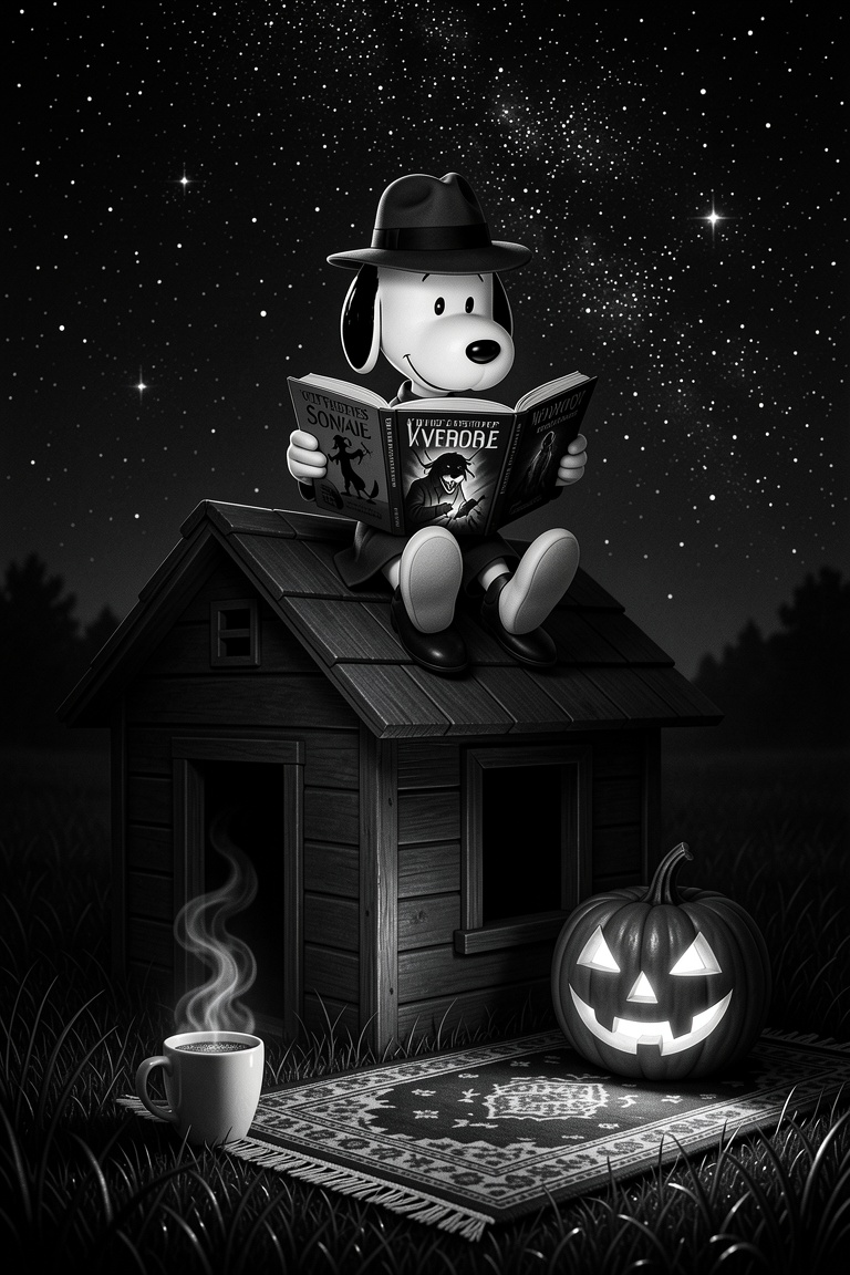 A film noir scene: detective Snoopy is reading a horror story from his book on top on his doghouse,  wearing a hat. Hot co...