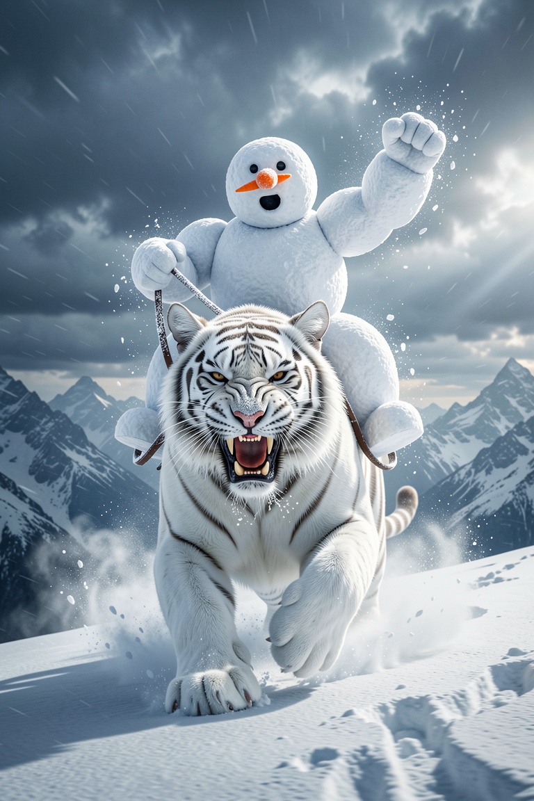 An ultra-realistic dynamic action scene set atop a storm-swept snowy mountain ridge,  capturing a massive white tiger mid-...