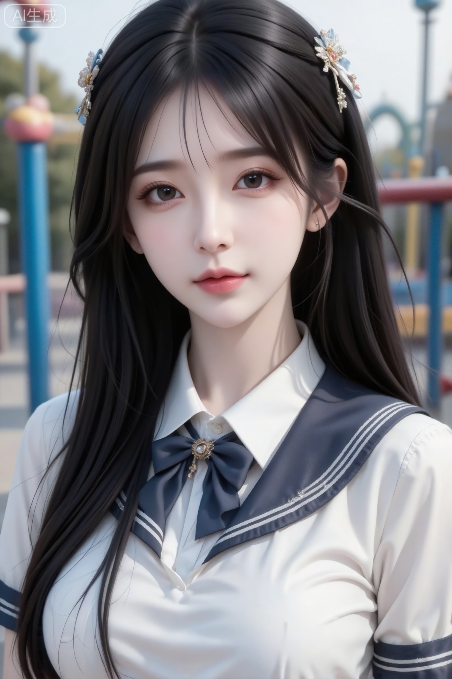 杰作级画质,顶级图像精度,超高清细节渲染,单人女性角色,（黑色亮丽的长发：1.4）,（比例优越的纤细长腿：1.3）,（肌肤白皙光滑的匀称美腿：1.4）,（挺拔饱满的D 罩杯曲线：1.4）,（精致立体的美颜五官：1.4）,美颜全开,光滑油亮的皮肤,水嫩的肌肤,一个女孩,
（电影级面光：1.6）,（光线追踪：1.5）,（冷白皮漫感质感的光滑皮肤：1.7）,（人物有最好的骨相：1.2）,（网感脸：1.6）,（网感妆：1.6）S型身材,身材完美,莫兰迪配色,高颜值网红,INS风,幼态脸,19岁女生尖下巴,三庭五眼比例均衡,身材娇小,细腻陶瓷水嫩肌肤,偏冷白皮,随机的妆容,随机的饰品,随机的动作,侧光,发丝轻飘,凌乱,随机角度拍摄,总体有很多的不确定性,但又好看,
风格甜美少女系,氛围慵懒俏皮,东方美女,黑长直,年轻娇小,发丝呈现出自然的蓬松感与垂坠感,长发散落于肩头两侧,几缕发丝拂面,冷白皮气质美女,纯欲风,皮肤白皙,偶像气质,fairskin,气质的江南美女子,有点甜美,皮肤美白透亮,甜美氛围,细腻笔触,独特韵味的美,青春,日常快照风格,非精心构图或打光,JK服,在游乐场里,精致发饰和衣服细节,摆着pose,做出不同的拍照姿势。傲人身材,D cup,美颜全开,光滑雪白油亮水嫩的皮肤