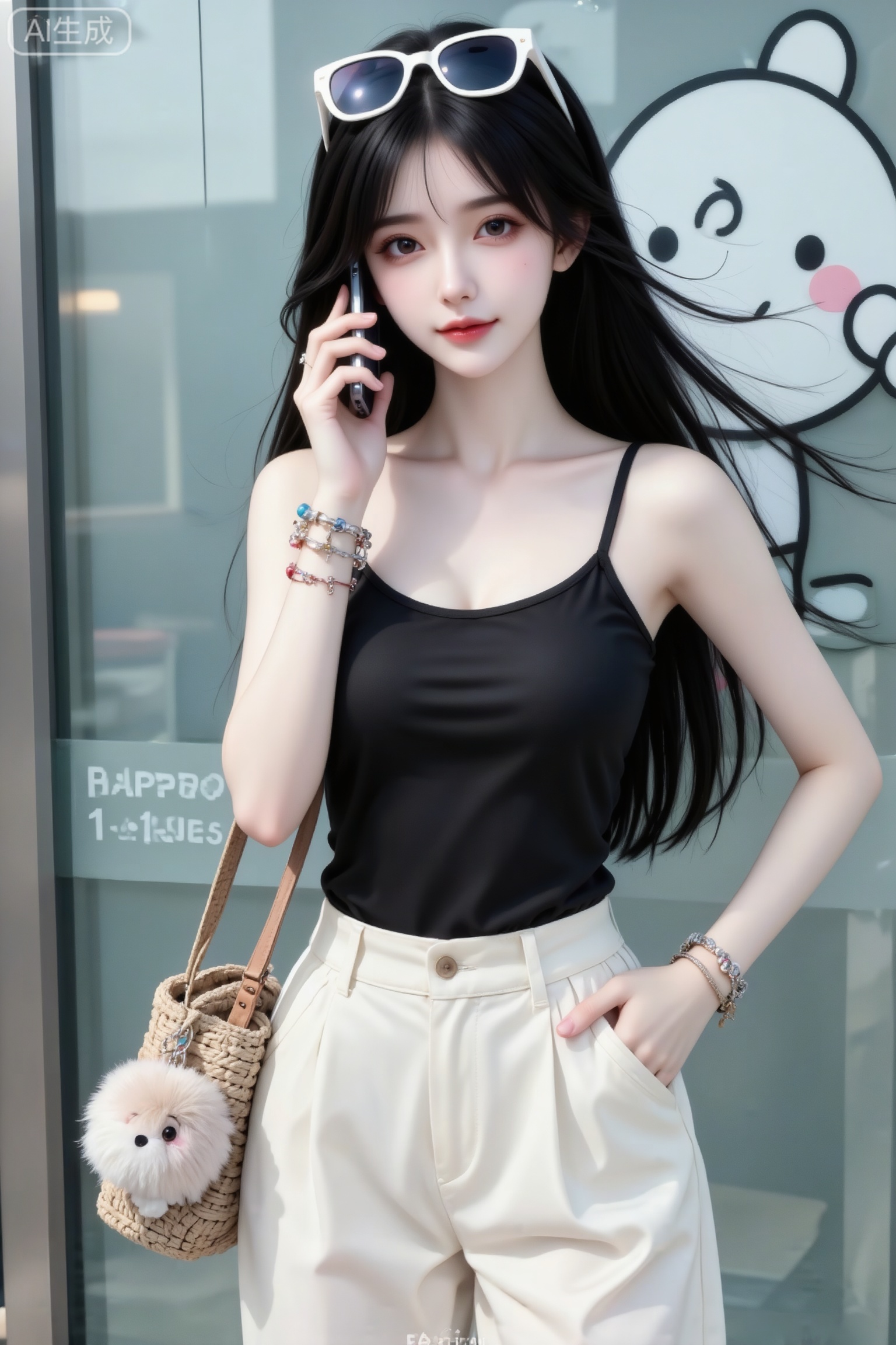 杰作级画质,顶级图像精度,超高清细节渲染,单人女性角色,（黑色亮丽的长发：1.4）,（比例优越的纤细长腿：1.3）,（肌肤白皙光滑的匀称美腿：1.4）,（挺拔饱满的D 罩杯曲线：1.4）,（精致立体的美颜五官：1.4）,美颜全开,光滑油亮的皮肤,水嫩的肌肤,一个女孩,
真实摄影,佩戴白色墨镜（架在头顶）、手链、戒指,身穿黑色吊带背心、米白色阔腿裤,手持手机通话,肩挎带有毛绒挂饰的编织包,背景是带有卡通形象的玻璃墙,整体风格时尚、活泼,充满都市潮流与卡通趣味的氛围感,（电影级面光：1.6）,（光线追踪：1.5）,（冷白皮漫感质感的光滑皮肤：1.7）,（人物有最好的骨相：1.2）,（网感脸：1.6）,（网感妆：1.6）身材完美,莫兰迪配色,高颜值网红,INS风,幼态脸,19岁女生尖下巴,三庭五眼比例均衡,身材娇小,细腻陶瓷水嫩肌肤,偏冷白皮,随机的妆容,随机的饰品,随机的动作,侧光,发丝轻飘,凌乱,随机角度拍摄,总体有很多的不确定性,但又好看,
风格甜美少女系,氛围慵懒俏皮,东方美女,黑长直,年轻娇小,发丝呈现出自然的蓬松感与垂坠感,长发散落于肩头两侧,几缕发丝拂面,冷白皮气质美女,纯欲风,皮肤白皙,偶像气质,fairskin,气质的江南美女子,有点甜美,皮肤美白透亮,表情可爱,甜美氛围,细腻笔触,独特韵味的美,可爱表情,