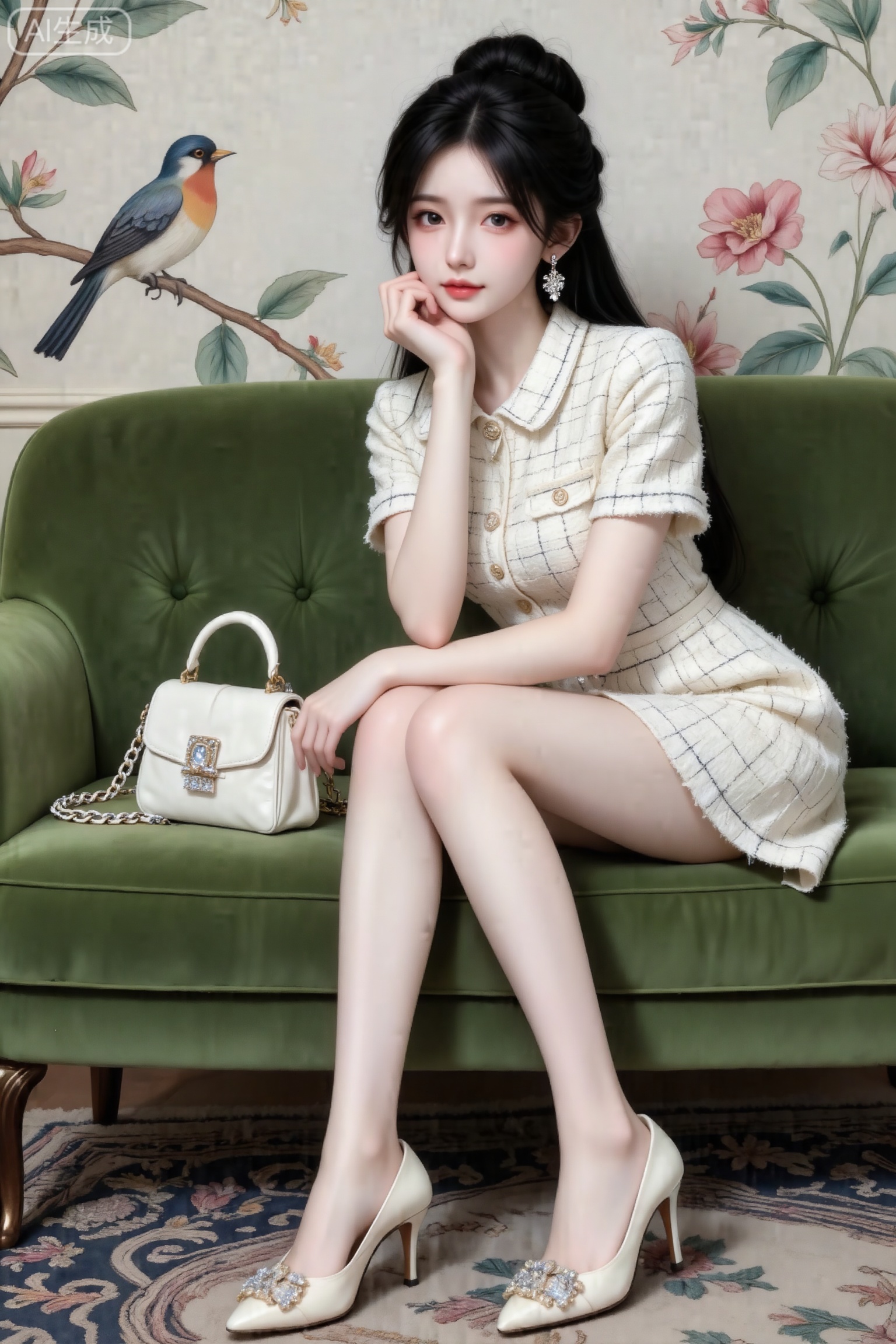 杰作级画质,顶级图像精度,超高清细节渲染,单人女性角色,（黑色亮丽的长发：1.4）,（比例优越的纤细长腿：1.3）,（肌肤白皙光滑的匀称美腿：1.4）,（挺拔饱满的D 罩杯曲线：1.4）,（精致立体的美颜五官：1.4）,美颜全开,光滑油亮的皮肤,水嫩的肌肤,一个女孩,
真实摄影,头发盘起,佩戴耳饰,身穿米白色粗花呢短袖连衣裙,搭配米白色水钻高跟鞋,身旁有白色链条手提包,侧身坐于绿色丝绒沙发,手托下巴,姿态优雅,背景是带花鸟图案的壁画与花纹地毯,光线柔和,氛围雅致复古,整体风格优雅、时尚,充满轻奢室内的氛围感,（电影级面光：1.6）,（光线追踪：1.5）,（冷白皮漫感质感的光滑皮肤：1.7）,（人物有最好的骨相：1.2）,（网感脸：1.6）,身材完美,莫兰迪配色,高颜值网红,INS风,幼态脸,19岁女生尖下巴,三庭五眼比例均衡,身材娇小,细腻陶瓷水嫩肌肤,偏冷白皮,随机的妆容,随机的饰品,随机的动作,侧光,发丝轻飘,凌乱,随机角度拍摄,总体有很多的不确定性,但又好看,
风格甜美少女系,氛围慵懒俏皮,东方美女,年轻娇小,冷白皮气质美女,薇薇纯欲风,皮肤白皙,偶像气质,fairskin,气质的江南美女子,有点甜美,皮肤美白透亮,表情可爱,甜美氛围,细腻笔触,独特韵味的美,可爱表情