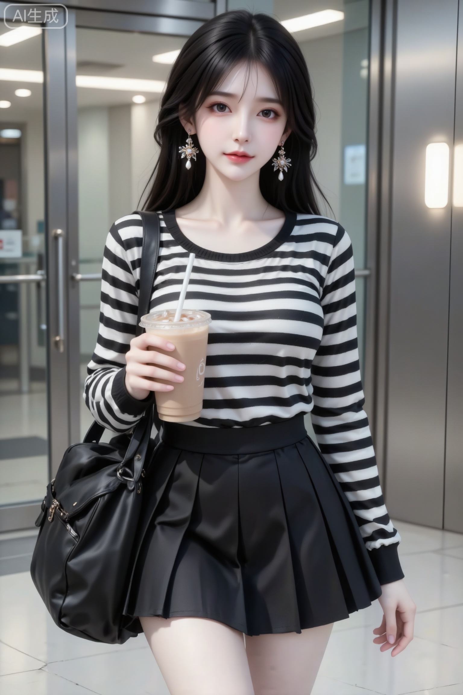 杰作级画质,顶级图像精度,超高清细节渲染,单人女性角色,（黑色亮丽的长发：1.4）,（比例优越的纤细长腿：1.3）,（肌肤白皙光滑的匀称美腿：1.4）,（挺拔饱满的D 罩杯曲线：1.4）,（精致立体的美颜五官：1.4）,美颜全开,光滑油亮的皮肤,水嫩的肌肤,一个女孩,
真实摄影,美少女薇薇佩戴耳饰,身着黑白条纹长袖上衣、黑色百褶短裙,肩挎黑色大包,手持带吸管的冰饮；以中景角度拍摄,呈现出明亮的室内公共场所场景——背景有玻璃门、金属质感的墙面与灯光,环境整洁现代；风格简约时尚,明亮光线充满活力,黑、白与冰饮的浅棕色彩搭配,营造出休闲随性的氛围,倾斜构图,容颜绝美,正面照,超清晰画质,妆造精致,饰品精巧,可爱妆造,温柔大方,五官精致,面部清晰,（电影级面光：1.6）,（光线追踪：1.5）,（冷白皮漫感质感的光滑皮肤：1.7）,（人物有最好的骨相：1.2）,（网感脸：1.6）,完美身材,身材完美,莫兰迪配色,高颜值网红,INS风,幼态脸,19岁女生尖下巴,三庭五眼比例均衡,身材娇小,细腻陶瓷水嫩肌肤,偏冷白皮,随机的动作,侧光,随机角度拍摄,总体有很多的不确定性,但又好看,
风格甜美少女系,氛围慵懒俏皮,东方美女,傲人身材,Dcup,年轻娇小,冷白皮气质美女,薇薇纯欲风,皮肤白皙,偶像气质,fairskin,气质的江南美女子,有点甜美,皮肤美白透亮,表情可爱,甜美氛围,细腻笔触,独特韵味的美,傲人身材,D cup,美颜全开,光滑雪白油亮水嫩的皮肤