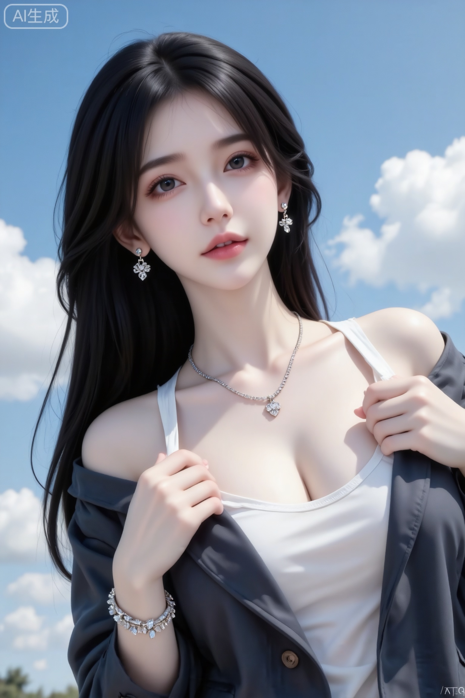 杰作级画质,顶级图像精度,超高清细节渲染,单人女性角色,（黑色亮丽的长发：1.4）,（比例优越的纤细长腿：1.3）,（肌肤白皙光滑的匀称美腿：1.4）,（挺拔饱满的D 罩杯曲线：1.4）,（精致立体的美颜五官：1.4）,美颜全开,光滑油亮的皮肤,水嫩的肌肤,一个女孩,
展现少女感网拍的画面,采用CCD/iPhone实拍质感,真实真人,35定焦无畸变,非精心构图打光,生活感强,无修饰感。以仰拍镜头拍摄一位冷白皮超美的女孩,她有着清透裸妆,神情调皮妖冶,自然松弛。她拉着肩带,有着少女的慵懒感,穿着慵懒外套搭配白内衬,戴项链,精致耳钉,钻石手链。户外场景蓝天白云下,她正脸看镜头,白嫩嫩的皮肤如琼玉般润滑,软萌气质尽显,整体营造出纯欲感。