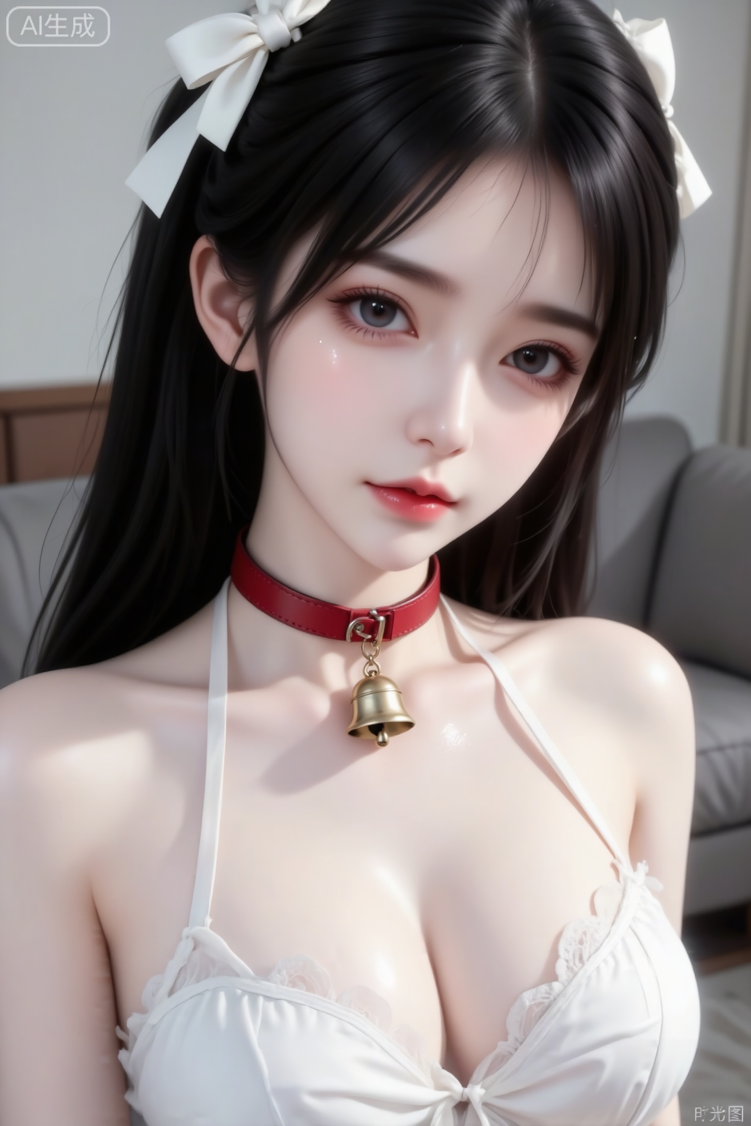 杰作级画质,顶级图像精度,超高清细节渲染,单人女性角色,（黑色亮丽的长发：1.4）,（比例优越的纤细长腿：1.3）,（肌肤白皙光滑的匀称美腿：1.4）,（挺拔饱满的D 罩杯曲线：1.4）,（精致立体的美颜五官：1.4）,美颜全开,光滑油亮的皮肤,水嫩的肌肤,一个女孩,
极致特写镜头,肤白女性站在客厅,黑色头发,光线（#FFF9EC）使脖子处发丝如发光般清晰,肌肤上覆着的薄汗和0.1mm级清晰可见。头发绑着大号白色蝴蝶结,灵动的眼眸,冷调瓷白肤色,真实摄影,柔光浅景深。皮肤白得像瓷娃娃,白纱设计的衣服,光影柔和细腻,自高清细腻质感,真实肌肤与布料皱褶,自然主义风格,清新色调,8K超清画质展现蕾丝纹理,文艺清新感脖子上戴着一个红色的皮质Choker项链,项圈上挂着一个金色的小铃铛饰品,傲人身材,D cup,美颜全开,光滑雪白油亮水嫩的皮肤