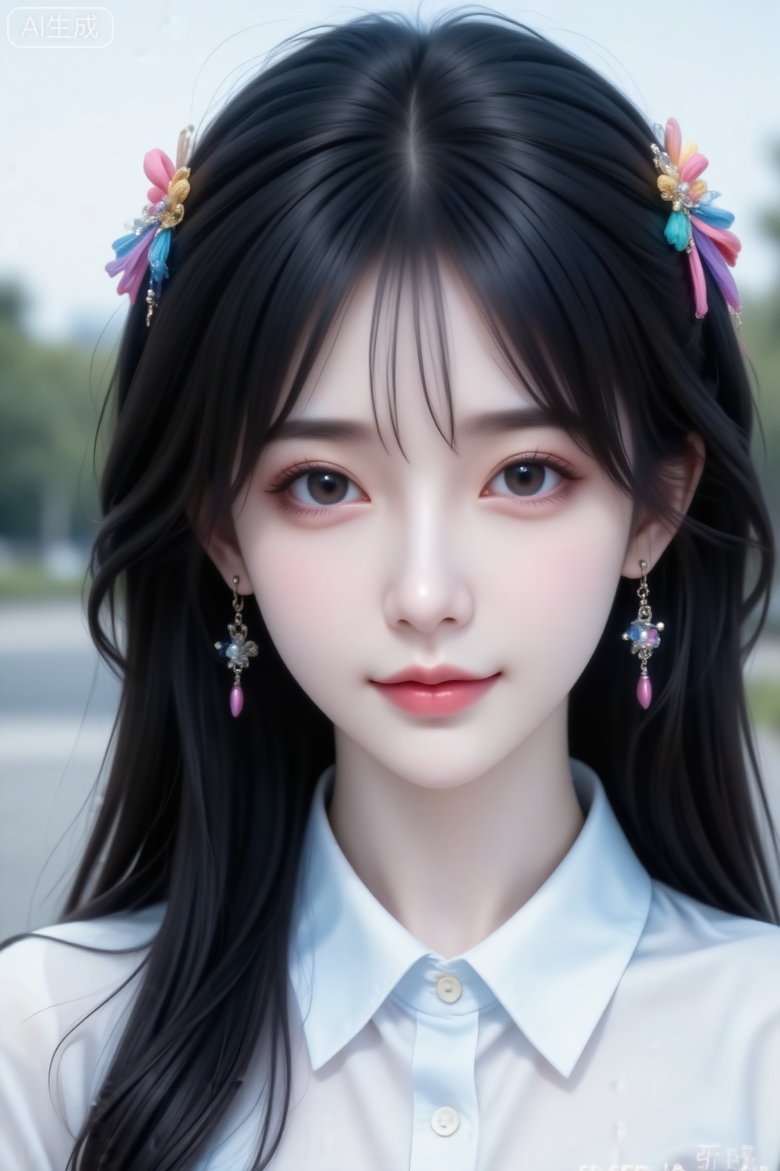 杰作级画质,顶级图像精度,超高清细节渲染,单人女性角色,（黑色亮丽的长发：1.4）,（比例优越的纤细长腿：1.3）,（肌肤白皙光滑的匀称美腿：1.4）,（挺拔饱满的D 罩杯曲线：1.4）,（精致立体的美颜五官：1.4）,美颜全开,光滑油亮的皮肤,水嫩的肌肤,一个女孩,
纯欲女生在室外,鹅蛋脸,三庭五眼比例均衡,身材娇小,俏皮可爱的表情,细腻陶瓷水嫩肌肤,偏冷白皮,随机的妆容,随机批着头发和颜色,随机的饰品,随机的动作,侧光,发丝凌乱,中景15°镜头,总体有很多的不确定性,但又好看,衬衣外塔,小众品牌穿搭,搭配又很合理,最高等级画质,真实合理,轻微曝光过度。容颜绝美,正面照,超清晰画质,妆造精致,饰品精巧,可爱妆造,温柔大方,五官精致,面部清晰,（电影级面光：1.6）,（光线追踪：1.5）,（冷白皮漫感质感的光滑皮肤：1.7）,（人物有最好的骨相：1.2）,（网感脸：1.6）,完美身材,身材完美,莫兰迪配色,高颜值网红,INS风,幼态脸,19岁女生尖下巴,三庭五眼比例均衡,身材娇小,细腻陶瓷水嫩肌肤,偏冷白皮,随机的动作,侧光,随机角度拍摄,总体有很多的不确定性,但又好看,
风格甜美少女系,氛围慵懒俏皮,东方美女,年轻娇小,冷白皮气质美女,薇薇纯欲风,皮肤白皙,偶像气质,fairskin,气质的江南美女子,有点甜美,皮肤美白透亮,表情可爱,甜美氛围,细腻笔触,独特韵味的美,