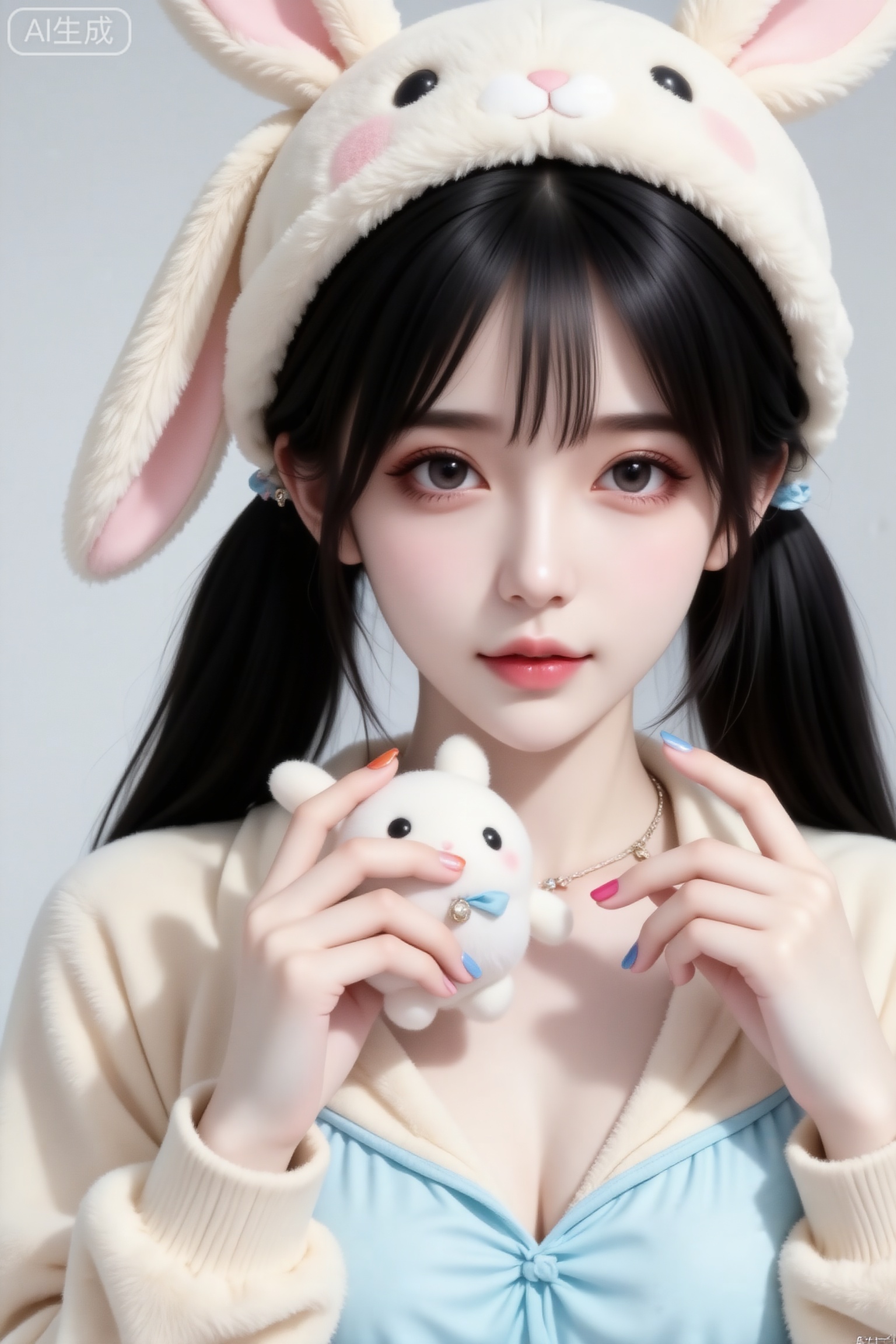 杰作级画质,顶级图像精度,超高清细节渲染,单人女性角色,（黑色亮丽的长发：1.4）,（比例优越的纤细长腿：1.3）,（肌肤白皙光滑的匀称美腿：1.4）,（挺拔饱满的D 罩杯曲线：1.4）,（精致立体的美颜五官：1.4）,美颜全开,光滑油亮的皮肤,水嫩的肌肤,一个女孩,
18岁女大学生,标准完美瓜子脸,身材娇小,,细腻陶瓷水嫩肌肤,偏冷白皮,随机可爱型服装,随机的妆容,随机的美甲,随机发型和颜色,随机的饰品,随机的动作,随机的光影,随机角度拍摄,总体有很多的不确定性,但又好看,搭配又很合理,最高等级画质,美颜全开
头部局部特写,甜妹少女感,浅黑色头发,漂亮发型,穿着休闲米色小兔软软睡衣,可爱帽子戴在头上,淡蓝色穿搭,与可爱玩偶俏皮互动,